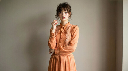 オレンジ色のブラウスを着て茶髪をふんわりとまとめ前髪を下ろした若い女性