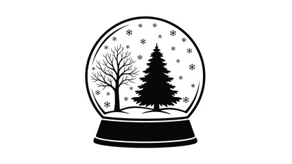 Black snow globe with pine tree and bare tree inside falling snowflakes white white with christmas and winter and holiday and decorative Silhouette vector on whit Background