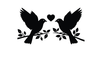 Two black birds branch with leaves and heart symbol love affection white with valentine and romance and couple and illustration Silhouette vector on whit Background