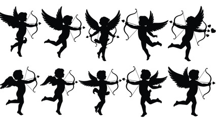 Set of black cupids with bows and arrows flying in different directions white white with illustration and love and valentine Silhouette vector on whit Background