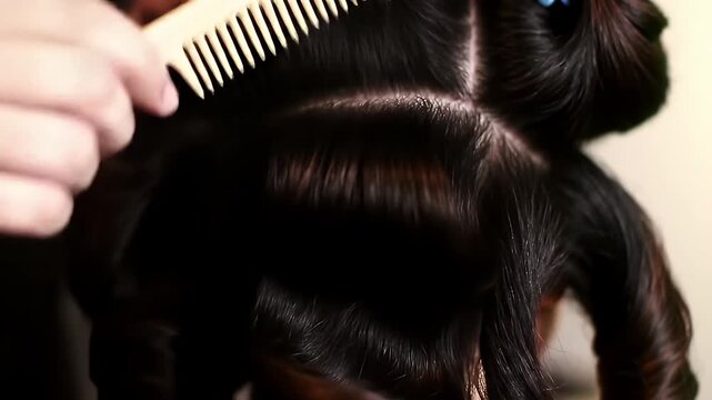 Professional hairstylist meticulously combs dark hair for formal updo creation