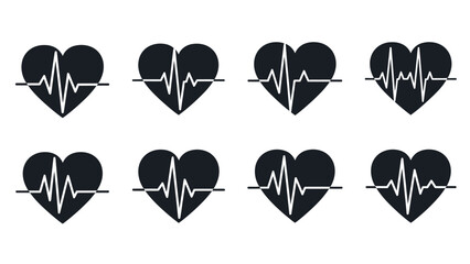 Eight black heart icons with ecg line white for medical and health concepts with illustration and cardiogram and pulse and healthcare Silhouette vector on whit Background