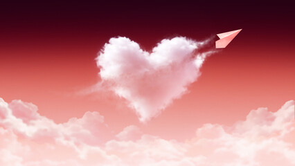 Whimsical mixed media artwork with flying love letter and heart shaped clouds. Concept of Saint...
