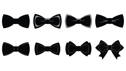 Eight different black bow tie designs white for formal events and fashion accessories with fashion accessory and illustration Silhouette vector on whit Background