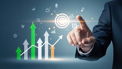 Businessman touching virtual screen with business growth chart and target icon.