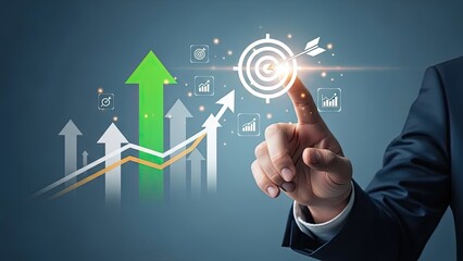 Businessman touching target icon with growth arrows and charts.