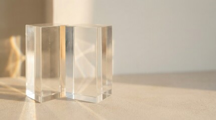 Minimalist transparent glass block on light surface with soft natural sun shadows