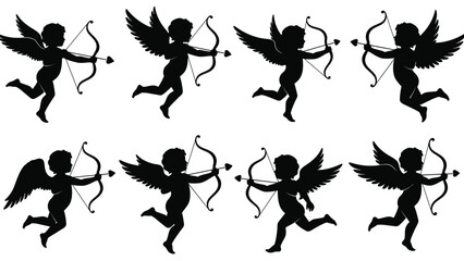 Eight black illustrations of cupids with bows and arrows in various running poses white with icon and love and valentine and romance Silhouette vector on whit Background