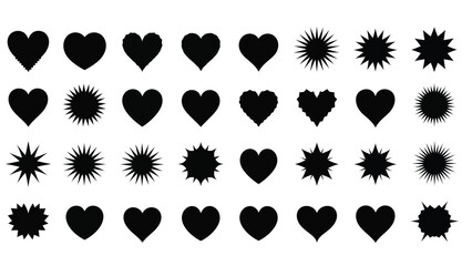 Collection of black heart and starburst shapes white for graphic design elements with black icons and heart shapes and illustration Silhouette vector on whit Background