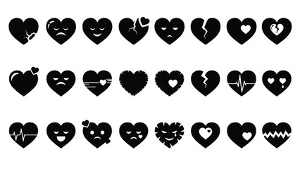 Collection of various black heart icons with different emotions and styles white white with graphic and symbol with illustration Silhouette vector on whit Background