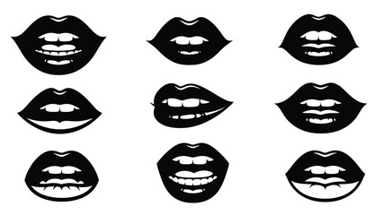 Nine different smiling mouths and lips in black white with graphic and illustration and icon and set and collection with expression Silhouette vector on whit Background