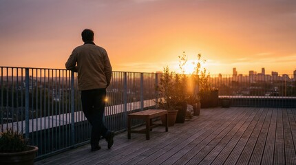 Fototapeta premium Man standing alone on rooftop at sunset overlooking city, reflection, solitude and personal contemplation