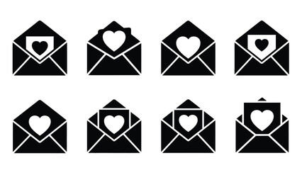 Eight black envelopes with hearts white for love mail and communication symbols with romance and affection with icon and email Silhouette vector on whit Background