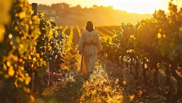Jesus Christ Walking Through Vineyard at Sunset - A Religious Scene.