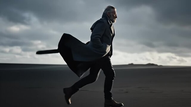 Stylish senior man walking across black sand beach in dramatic weather - Powered by Adobe