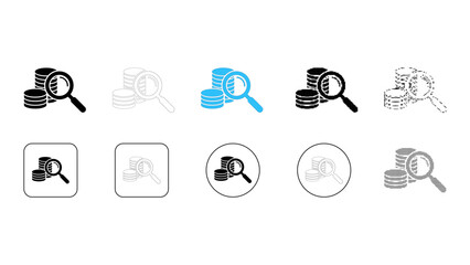 Fototapeta premium Set of ten icons representing financial search, magnifying glass over stack of coins in various styles like solid, outli
