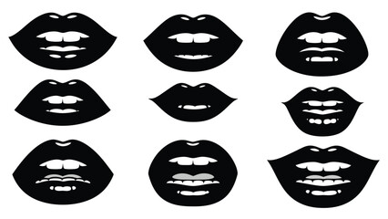 A set of nine different black lips expressions white with graphic illustration and facial expressions and emotive design with communication symbol Silhouette vector on whit Background