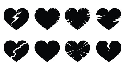 Eight black heart shapes with cracks and breaks white white with broken and cracked and illustration and heartbreak with sadness Silhouette vector on whit Background
