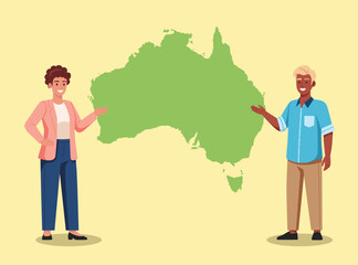 Two diverse people, a woman and a man, stand pointing towards a large, green, simplified map of Australia, friendly and professional