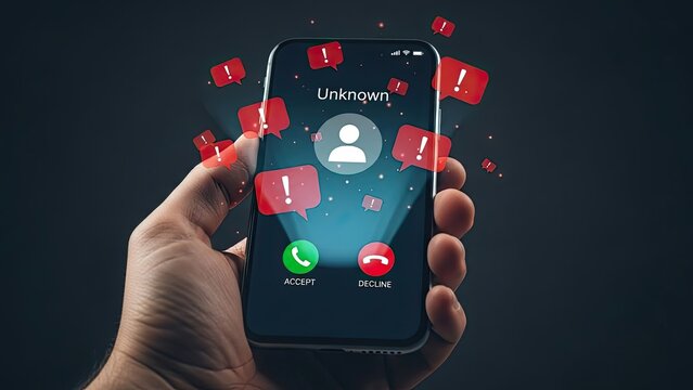 Smartphone displaying unknown caller ID with multiple warning signs indicating a potential spam or scam call.