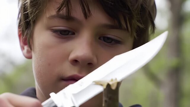 Young Boy Carving a Wooden Stick Outdoors with a Large Shiny Knife, Focusing on Craft