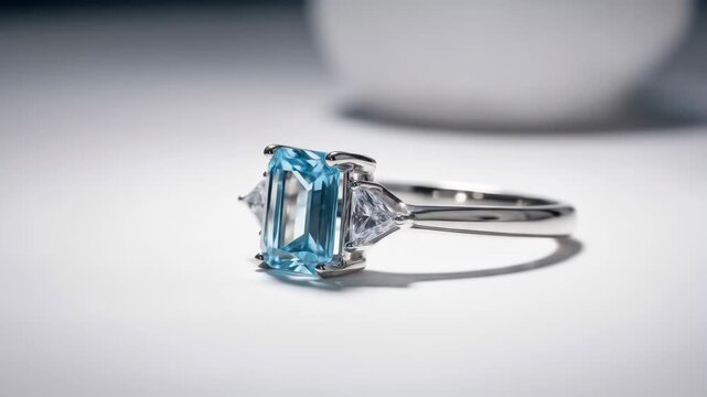 Blue emerald-cut gemstone ring with silver band and clear side stones