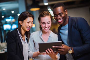 Diverse business team collaborating over a tablet collaboration teamwork 