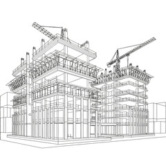 construction site wireframe building cranes architecture.