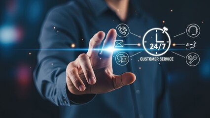 Man touching virtual screen with 247 customer service icon.
