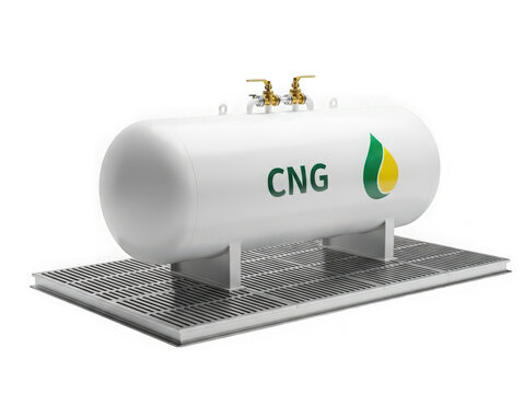 White cng tank with green and yellow logo on metal grate isolated on transparent background