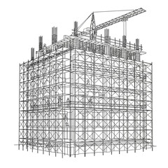Construction Site Wireframe Building Under Development with Crane.