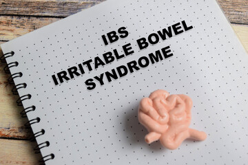 Concept of IBS - Irritable Bowel Syndrome write on book isolated on Wooden Table.