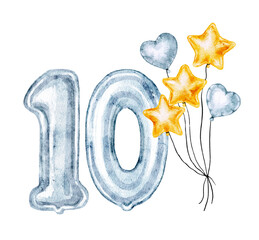 Silver number ten with yellow stars and heart balloons isolated on white, birthday clip art.