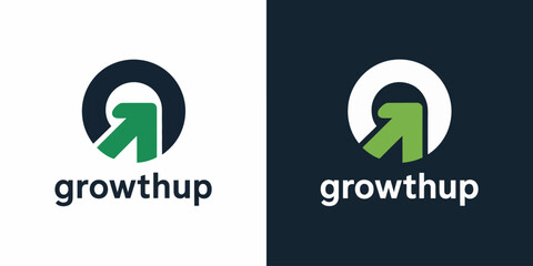 Two versions of a green and dark blue growthup on contrasting backgrounds white arrow