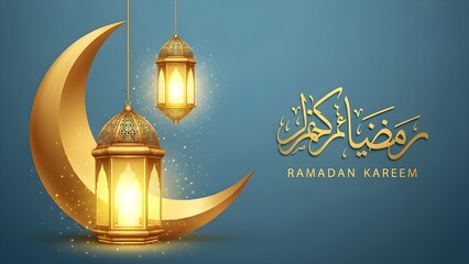 Ramadan Kareem greeting with golden lanterns and crescent moon