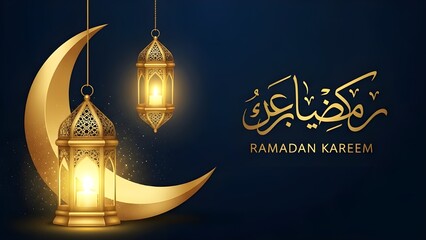 Golden lanterns hang beside crescent moon with Ramadan Kareem greeting