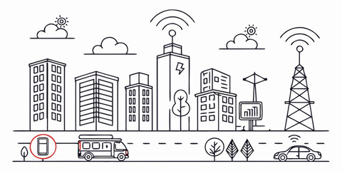 Smart city outline of urban infrastructure with digital connectivity. Features vehicle communication, network towers, and mobile device integration for modern urban living