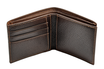 Brown leather wallet opened showing empty pockets