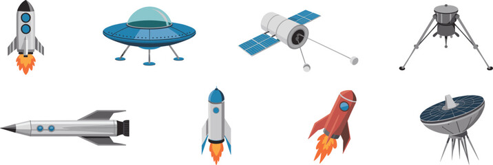 Space exploration vector set with rockets, UFO, satellite, moon lander, and radar dish, isolated flat illustrations for galaxy science design. © rakib's world