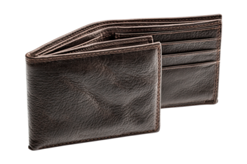 Brown leather wallet opened showing empty pockets