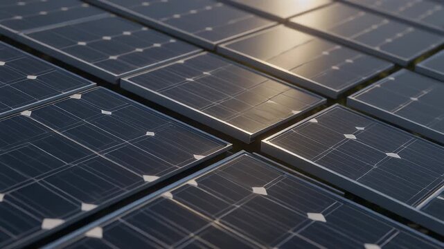 Close-up of multiple solar panels angled towards the viewer, featuring a grid-like pattern with a dark, reflective surface