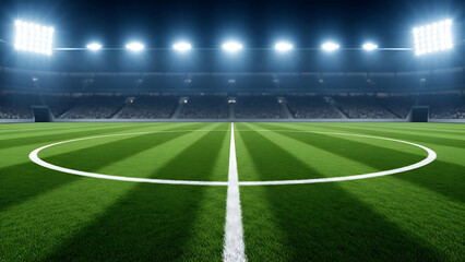Fototapeta premium Panoramic View of Empty Soccer Stadium Center Circle Illuminated at Night