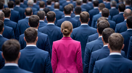 Female leader standing out among male crowd in business environment showing women empowerment.