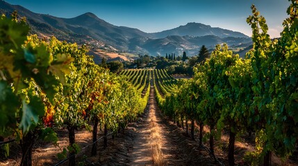 Naklejka premium Rows of lush green grapevines in a vineyard with sun shining through the leaves, rich soil, and rolling hills in the blurred background.