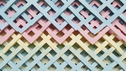Colorful 3D Lattice Wall Decoration with Layered Pastel Blue Pink and Yellow Geometric Wood Paneling