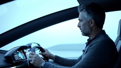 Man driving futuristic electric car with advanced technology dashboard display - Powered by Adobe