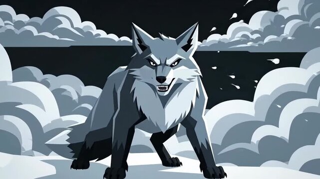 Mystical Wolf Howling In Winter Landscape Against Cloudy Sky Animated Background