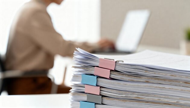 Stack of paperwork and documents on office desk with office worker working in background representing administrative workload and bureaucracy.