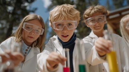 A group of children engaging in a science experiment outdoors, wearing lab coats and safety goggles, their excitement palpable as they observe colorful reactions in glass containers under the