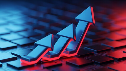 Three dimensional rendering of a vibrant blue arrow graph showing continuous upward momentum signifying financial growth and success